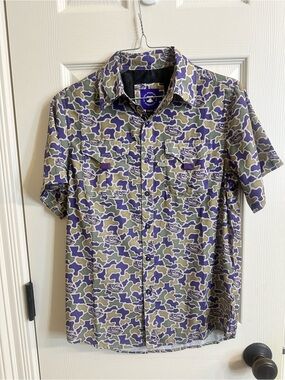 Boys LSU button up fishing shirt. LSU camo pattern